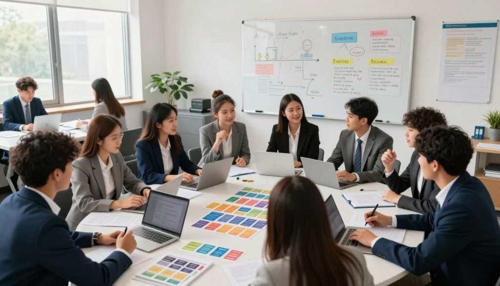A vibrant study environment showcasing students actively engaging in the process of active recall. In the foreground, a diverse group of students, dressed in professional business attire, are clustered around a large table filled with study materials, flashcards, and laptops. Their expressions show focus and determination as they quiz each other. The middle ground features a whiteboard covered in colorful diagrams and notes, symbolizing different learning strategies. The background captures a well-lit, modern classroom with large windows allowing natural light to pour in, casting soft shadows. The atmosphere is energetic yet calm, illustrating the effectiveness of active recall in various contexts. Use a wide-angle lens to capture the entire scene, highlighting the enthusiasm and collaboration among the students.