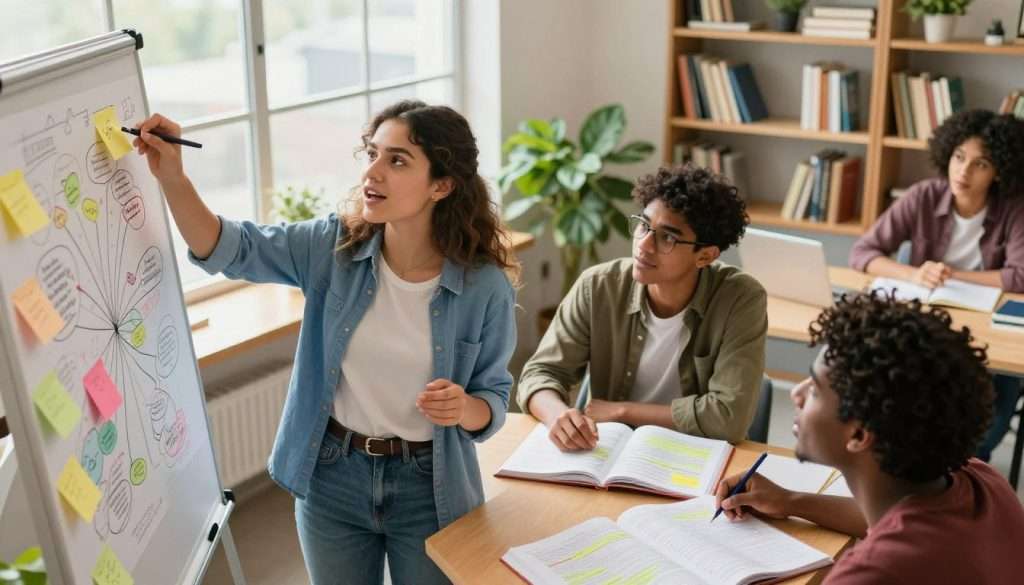 A vibrant study scene depicting a diverse group of students engaged in dynamic learning activities. In the foreground, a young woman in professional casual attire enthusiastically participates in a visual brainstorming session, surrounded by colorful mind maps and sticky notes. The middle ground features a pair of students animatedly discussing ideas over an open textbook filled with highlighted sections. In the background, a large window lets in natural light that creates a warm, inviting atmosphere, enhancing the sense of collaboration. A cozy study room with bookshelves filled with various subjects adds context, while potted plants bring a touch of nature indoors. The overall mood is energetic and focused, embodying creativity and engagement in studying.