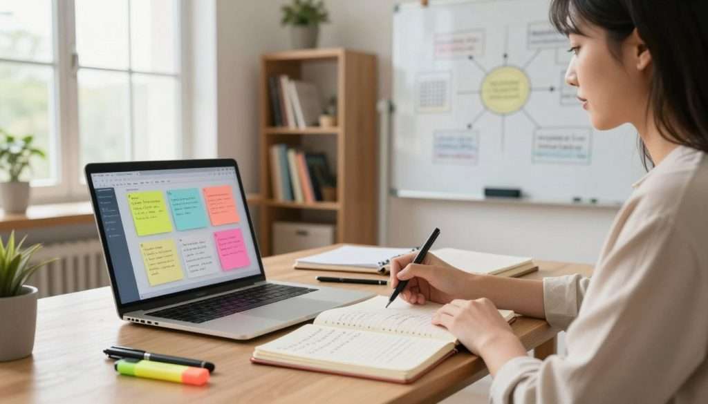 A vibrant study scene depicting the contrast between digital and handwritten note-taking methods. In the foreground, a young professional woman in smart casual attire is seated at a tidy desk with a laptop open, colorful notes on the screen showcasing digital organization techniques. Beside her, a notebook filled with handwritten notes lies open, surrounded by pens and highlighters. In the middle ground, a sunny room filled with bookshelves and a large window allowing natural light to flood in, enhancing the learning atmosphere. The background features a whiteboard with diagrams and mind maps sketched, illustrating effective note strategies. Soft, warm lighting creates a focused, inviting mood, perfect for maximizing learning.