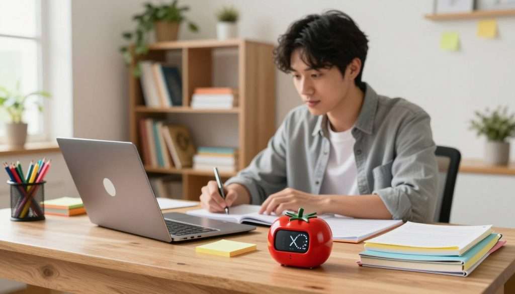 A vibrant workspace showcasing the Pomodoro Technique as a unique study hack. In the foreground, a sturdy wooden desk with a sleek laptop open to a timer app, surrounded by colorful stationery like sticky notes and highlighters. A bright, red tomato-shaped timer prominently sits on the desk, symbolizing focus and productivity. In the middle, a young professional, wearing a smart casual outfit, is deeply engaged in studying, with a focused expression and posture. The background features a well-organized bookshelf filled with various study materials, plants adding a touch of greenery, and a window with soft sunlight streaming in to create an inspiring atmosphere. The overall mood is energetic and motivating, highlighting an efficient study environment with warm lighting.