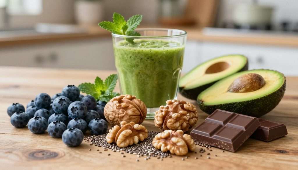 A visually appealing arrangement of brain-boosting foods, prominently featuring vibrant blueberries, walnuts, avocados, and dark chocolate, placed on a rustic wooden table in the foreground. In the middle ground, include a sleek glass of green smoothie, garnished with mint leaves, surrounded by various seeds like chia and flaxseed. The background softly fades into a blurred kitchen scene, with warm, natural lighting that creates a cozy and inviting atmosphere. Use a slightly elevated angle to capture the full array of foods, emphasizing their colors and textures. The mood should convey health, vitality, and cognitive enhancement, encouraging viewers to associate these foods with improved learning and memory retention.