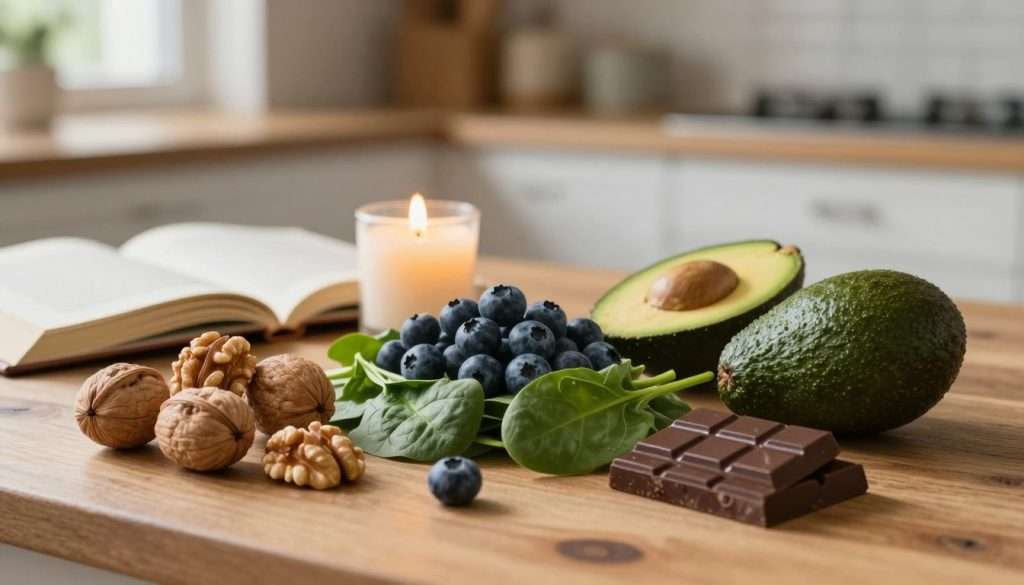 A visually appealing, well-arranged still life composition of brain-boosting foods, prominently featuring walnuts, blueberries, spinach, avocados, and dark chocolate. In the foreground, the foods are artfully arranged on a rustic wooden table, with the focus on vibrant colors and textures, highlighting their freshness. In the middle ground, include a gently flickering candle and open books, creating an intellectual ambiance. The background features a softly blurred kitchen setting with natural light pouring in through a window, casting warm, inviting shadows. The image should evoke a sense of calm and focus, ideal for a learning environment, with a subtle depth of field effect to draw attention to the foods. A visually appealing, well-arranged still life composition of brain-boosting foods, prominently featuring walnuts, blueberries, spinach, avocados, and dark chocolate. In the foreground, the foods are artfully arranged on a rustic wooden table, with the focus on vibrant colors and textures, highlighting their freshness. In the middle ground, include a gently flickering candle and open books, creating an intellectual ambiance. The background features a softly blurred kitchen setting with natural light pouring in through a window, casting warm, inviting shadows. The image should evoke a sense of calm and focus, ideal for a learning environment, with a subtle depth of field effect to draw attention to the foods.