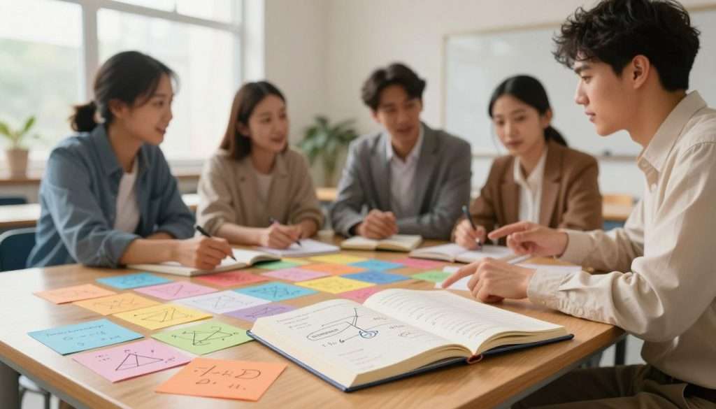 A visually captivating illustration of interleaving learning techniques in various subjects. In the foreground, an open notebook lies on a wooden desk, surrounded by color-coded index cards representing different subjects like mathematics, history, and science. Each card is marked with symbols and diagrams illustrating interleaved concepts. In the middle ground, a diverse group of four individuals—two men and two women—are engaged in discussion, each wearing professional attire. They enthusiastically point at the notebook and cards, showcasing collaboration. The background features a bright, airy classroom with large windows, letting in soft, natural light that creates a warm atmosphere. The camera is set at a slight angle, capturing the energy of the interaction and the visual elements related to effective learning techniques. A visually captivating illustration of interleaving learning techniques in various subjects. In the foreground, an open notebook lies on a wooden desk, surrounded by color-coded index cards representing different subjects like mathematics, history, and science. Each card is marked with symbols and diagrams illustrating interleaved concepts. In the middle ground, a diverse group of four individuals—two men and two women—are engaged in discussion, each wearing professional attire. They enthusiastically point at the notebook and cards, showcasing collaboration. The background features a bright, airy classroom with large windows, letting in soft, natural light that creates a warm atmosphere. The camera is set at a slight angle, capturing the energy of the interaction and the visual elements related to effective learning techniques.