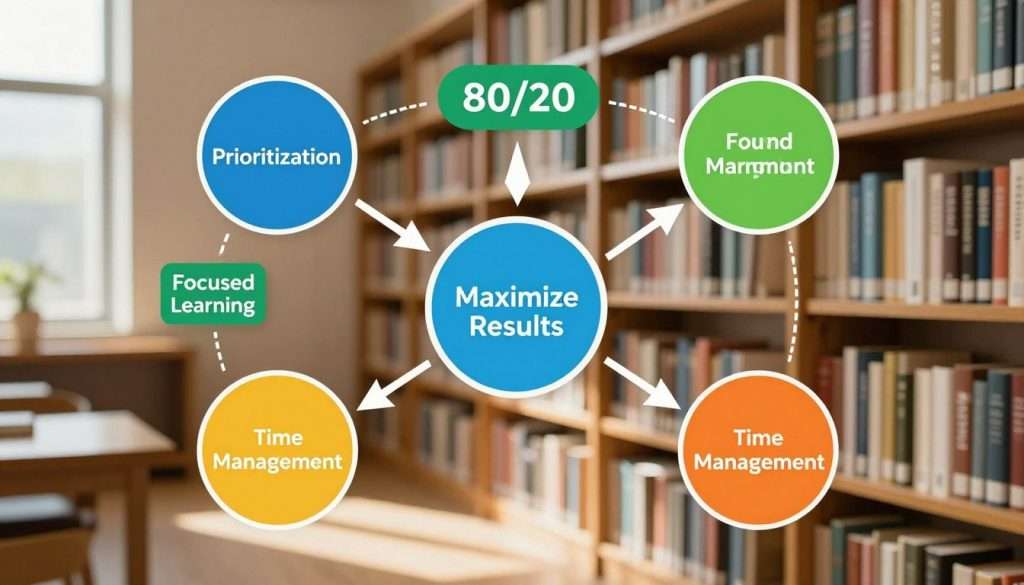 A visually engaging concept map illustrating high-impact study methods leveraging the 80/20 principle. In the foreground, multiple interconnected nodes showing concepts like "Prioritization," "Focused Learning," and "Time Management" with vibrant colors (blue, green, and orange). In the middle, arrows demonstrate connections between ideas, leading to a central node labeled "Maximize Results." The background features a soft, blurred library setting with bookshelves filled with educational materials, creating a studious atmosphere. Natural light streams in through a window, casting gentle shadows, enhancing the mood of productivity and focus. The image conveys a sense of clarity and organization, ideal for a professional educational context.