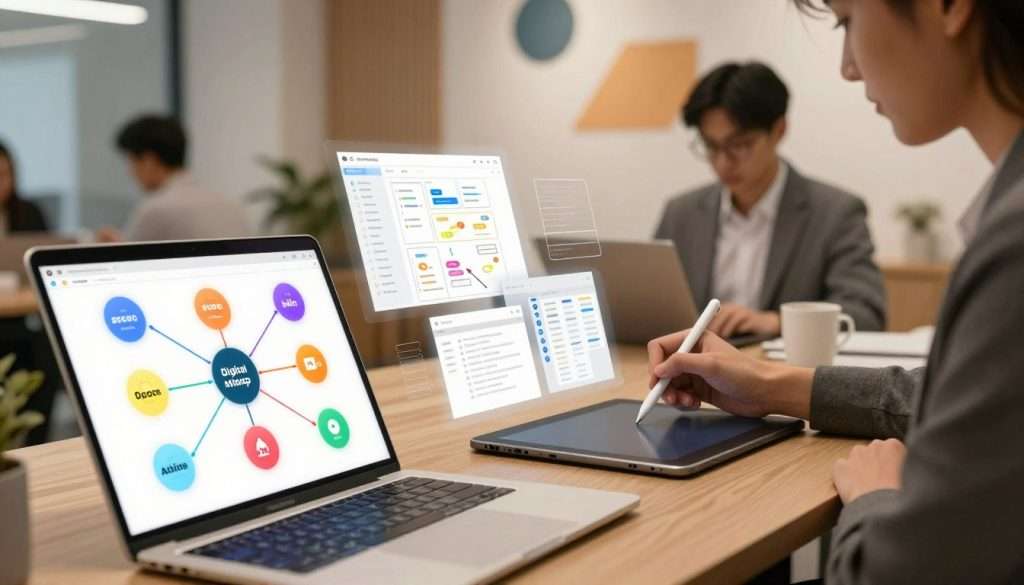 A visually engaging digital workspace showcasing an array of digital mind mapping tools. In the foreground, there are sleek, colorful mind map diagrams on a laptop screen, highlighting interconnected ideas with vibrant lines and icons. The middle ground features a person in professional business attire, intently focused on using a stylus on a tablet, surrounded by floating digital interfaces displaying various mind mapping templates. In the background, a modern office environment with soft, diffused lighting creates a warm atmosphere, complemented by abstract geometric shapes on the walls. The scene captures a sense of productivity and innovation, emphasizing the connection between writing and thinking through digital means. The overall mood is inspiring and creative, suitable for enhancing the writing-thinking connection. A visually engaging digital workspace showcasing an array of digital mind mapping tools. In the foreground, there are sleek, colorful mind map diagrams on a laptop screen, highlighting interconnected ideas with vibrant lines and icons. The middle ground features a person in professional business attire, intently focused on using a stylus on a tablet, surrounded by floating digital interfaces displaying various mind mapping templates. In the background, a modern office environment with soft, diffused lighting creates a warm atmosphere, complemented by abstract geometric shapes on the walls. The scene captures a sense of productivity and innovation, emphasizing the connection between writing and thinking through digital means. The overall mood is inspiring and creative, suitable for enhancing the writing-thinking connection.