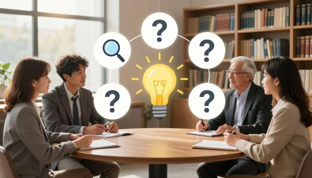 A visually engaging illustration depicting the six types of Socratic questions. In the foreground, a diverse group of four professionals, including a middle-aged woman, a young man, an elderly man, and a young woman, are engaged in an animated discussion, all dressed in professional business attire. The middle section features a circular table with six labeled question types artistically arranged around it, each represented by unique icons (e.g., a magnifying glass for clarifying questions, a light bulb for probing assumptions). The background shows a soft-focus library filled with books, enhancing an academic atmosphere. The lighting should be warm and inviting, as if illuminated by soft daylight through large windows, creating a sense of enlightenment and intellectual curiosity in the scene.