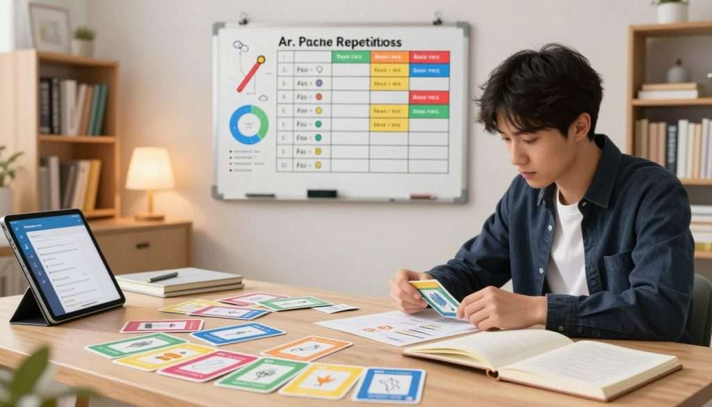 A visually engaging illustration of spaced repetition in a study environment. In the foreground, a tidy desk with colorful flashcards scattered across an open notebook, displaying various subjects. A focused student, dressed in smart casual attire, is engaging with the flashcards, showing determination and concentration. In the middle ground, a wall-mounted whiteboard filled with diagrams and spaced repetition schedules, clearly organized and color-coded for better visibility. The background features a cozy, well-lit study room with bookshelves filled with educational materials and a gentle glow from a desk lamp, creating a warm and inviting atmosphere. Subtle hints of technology, like a tablet displaying a study app, suggest modern learning methods. The overall mood is one of motivation and clarity, encapsulating the essence of effective study strategies. A visually engaging illustration of spaced repetition in a study environment. In the foreground, a tidy desk with colorful flashcards scattered across an open notebook, displaying various subjects. A focused student, dressed in smart casual attire, is engaging with the flashcards, showing determination and concentration. In the middle ground, a wall-mounted whiteboard filled with diagrams and spaced repetition schedules, clearly organized and color-coded for better visibility. The background features a cozy, well-lit study room with bookshelves filled with educational materials and a gentle glow from a desk lamp, creating a warm and inviting atmosphere. Subtle hints of technology, like a tablet displaying a study app, suggest modern learning methods. The overall mood is one of motivation and clarity, encapsulating the essence of effective study strategies.