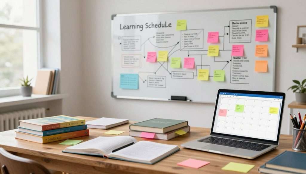 A visually engaging image of an interleaved learning schedule, depicted in a modern study space. In the foreground, a wooden desk is cluttered with colorful sticky notes, textbooks, and a laptop displaying a digital calendar filled with various subjects arranged in a non-linear format. The middle ground features a large whiteboard covered in diagrams and study plans, illustrating different topics interspersed with each other. In the background, natural light streams through a window, illuminating the space and creating a warm, inviting atmosphere. The setting conveys a sense of organized chaos, emphasizing creativity and effective studying. Use a slight overhead angle to capture the entire scene, focusing on the vibrant colors and textures, evoking a mood of productivity and inspiration.