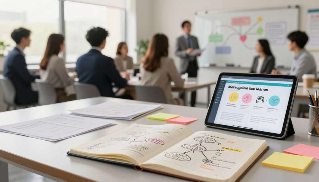 A visually engaging workspace illustrating metacognitive tools for learners. In the foreground, a sleek desk cluttered with an open notebook filled with mind maps, colorful sticky notes, and mental checklists. A tablet displays educational apps with visual representations of metacognitive strategies. In the middle, a classroom setting with a soft-focus view of a diverse group of professionals in business attire, engaged in discussion, with a large whiteboard showing cognitive diagrams. The background features a large window letting in natural light, creating a warm, inviting atmosphere. The overall mood conveys collaboration, focus, and the empowerment of learners exploring effective strategies. Use warm lighting to enhance the inviting feel, shot from a slightly elevated angle to encompass the entire scene.