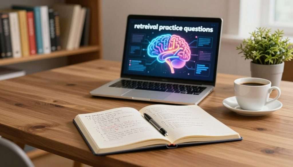A visually engaging workspace scene showcasing "retrieval practice questions." In the foreground, a polished wooden desk with an open notebook filled with hand-written questions and annotations. A sleek pen rests beside it. In the middle ground, a laptop displays a vibrant digital graphic of a brain with interconnected pathways, symbolizing memory and learning. To the right, a potted plant adds a touch of nature, and a cup of coffee sits invitingly. The background features a soft-focus bookshelf filled with colorful educational books, illuminated by warm ambient lighting that creates a cozy and motivated atmosphere. The image conveys a mood of focused learning and creativity, ideal for illustrating the process of creating effective study questions. A visually engaging workspace scene showcasing "retrieval practice questions." In the foreground, a polished wooden desk with an open notebook filled with hand-written questions and annotations. A sleek pen rests beside it. In the middle ground, a laptop displays a vibrant digital graphic of a brain with interconnected pathways, symbolizing memory and learning. To the right, a potted plant adds a touch of nature, and a cup of coffee sits invitingly. The background features a soft-focus bookshelf filled with colorful educational books, illuminated by warm ambient lighting that creates a cozy and motivated atmosphere. The image conveys a mood of focused learning and creativity, ideal for illustrating the process of creating effective study questions.