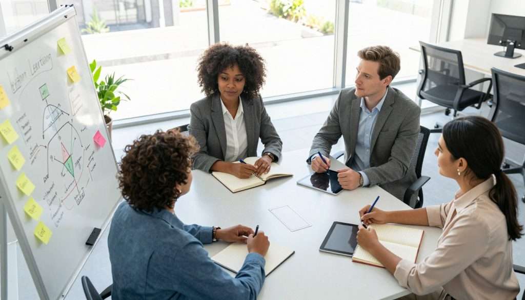 A well-lit, modern office space featuring a diverse group of three professional individuals—a Black woman, a white man, and a Hispanic woman—sitting around a sleek conference table engaged in a collaborative discussion about learning strategies. In the foreground, a whiteboard filled with colorful diagrams and sticky notes illustrates effective learning techniques. The middle ground shows the participants actively brainstorming, with notebooks and digital tablets in front of them, dressed in smart business attire. In the background, large windows reveal a bright, sunny day, creating an uplifting atmosphere. Soft natural lighting enhances the focus on teamwork and problem-solving, while a camera angle from slightly above captures the dynamic interactions and the vibrant workspace.