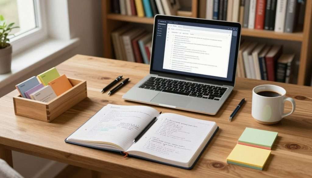 A well-organized Zettelkasten system setup on a wooden desk in a cozy home office. In the foreground, an open notebook with handwritten notes, index cards in a wooden box, and colorful sticky notes. The middle layer features a laptop displaying a digital Zettelkasten interface, surrounded by pens and a mug of coffee. In the background, a neatly arranged bookshelf filled with books and journals, soft natural light streaming through a window, creating a warm and inviting atmosphere. The scene is shot from a slightly elevated angle, highlighting the workspace's productivity-focused design, suggesting creativity and order, with a peaceful, motivating vibe.