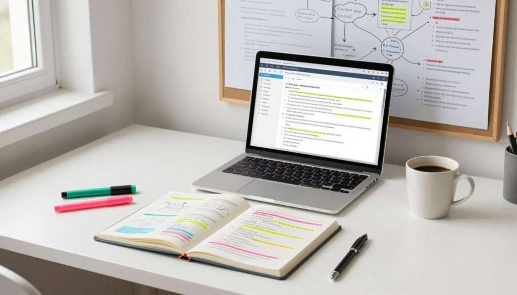 A well-organized study desk in a bright, minimalist space, showcasing effective note-taking strategies. In the foreground, an open notebook filled with color-coded notes and diagrams, surrounded by highlighters and pens. The middle section features a laptop displaying a digital note-taking app, emphasizing contrast between digital and traditional methods. A cup of coffee sits nearby, adding atmosphere. In the background, a pinboard displays mind maps and bullet points, visually representing common mistakes in note-taking like clutter and excessive highlighting. Soft, natural light streams through a window, creating a calm and focused mood. The lens captures the workspace from a slight angle, inviting viewers to feel part of the study environment.