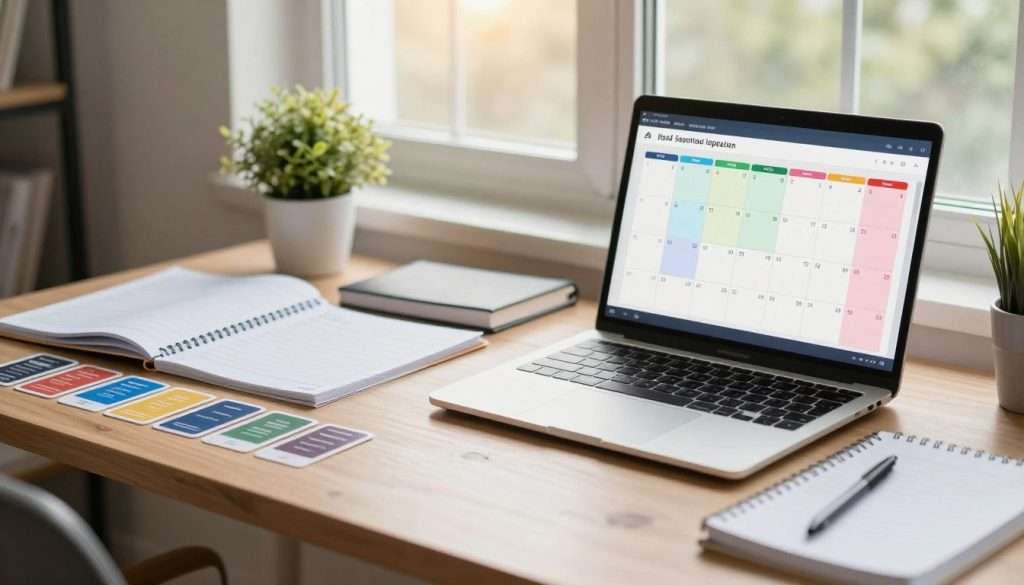 A well-organized study desk in the foreground, featuring a digital calendar on a laptop screen displaying a colorful spaced repetition schedule. The middle ground includes neatly arranged study materials such as flashcards, notebooks, and a study planner, with a potted plant adding a touch of greenery. In the background, a large window lets in soft, natural light, illuminating the scene with a warm, inviting glow. The atmosphere is focused and productive, reflecting a sense of motivation and clarity. The overall perspective is slightly angled to create depth, emphasizing the study environment, with no people present to ensure the viewer can focus solely on the tools for effective spaced repetition.