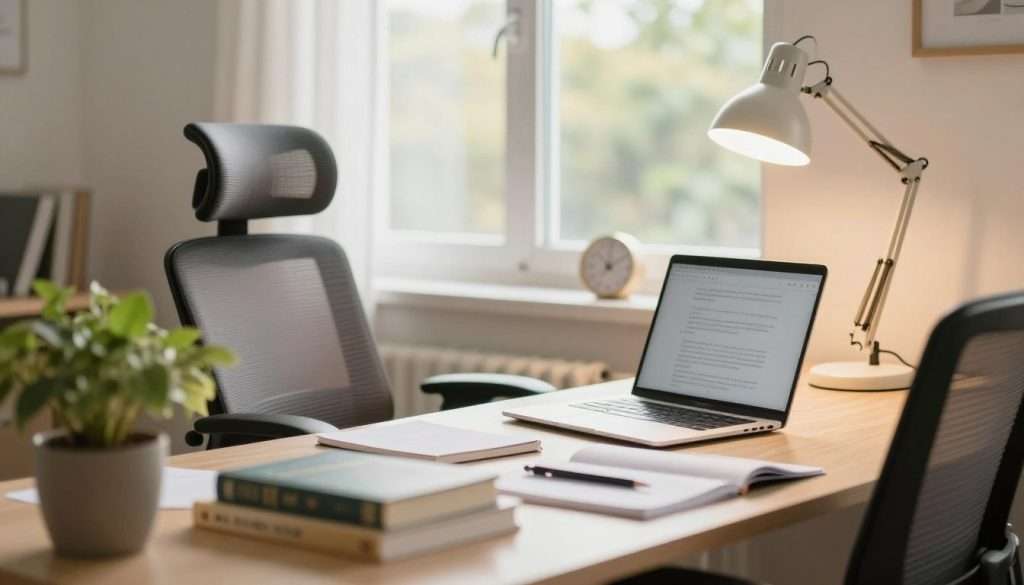 A well-organized study environment filled with natural light, featuring a cozy desk setup with an open laptop, neatly arranged books, and study materials. In the foreground, a potted plant adds a touch of greenery, symbolizing growth. In the middle, a comfortable ergonomic chair, a bright desk lamp, and a minimalistic clock emphasize focus and time management. The background reveals a serene window view, with soft curtains allowing sunlight to filter through, creating a warm atmosphere. The overall mood is calm and inspiring, encouraging productivity. Use a soft focus lens to enhance the dreamy quality, with warm lighting to symbolize a positive learning environment. The composition should invite viewers to imagine their own optimized study space.