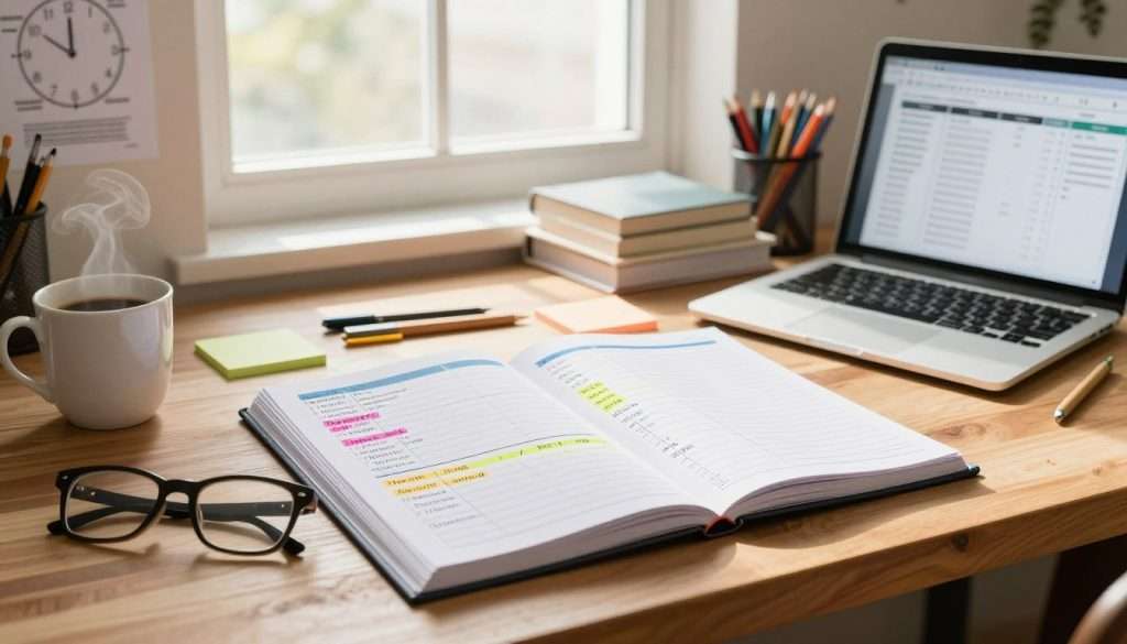 A well-organized study routine schedule audit laid out on a wooden desk, with colorful sticky notes, a planner, and a laptop open to a productivity app. In the foreground, a pair of stylish reading glasses rests beside a steaming cup of coffee. The middle ground features a bright window allowing warm natural light to flood the scene, illuminating an inspirational poster about time management on the wall. In the background, neatly arranged books and stationery add a sense of order. The atmosphere is focused and motivating, creating an inviting space conducive to studying. Shot with a soft depth of field to accentuate the study materials, the image captures the essence of an effective and actionable study routine.