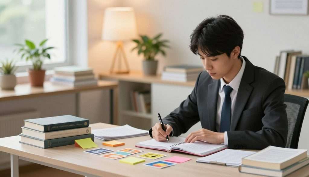 A well-organized study space featuring a focused student in professional business attire sitting at a modern desk, surrounded by books and study materials. In the foreground, the student is engaging with a notebook, actively reciting information, with a look of concentration and determination. The middle ground includes colorful sticky notes and flashcards scattered around, symbolizing reinforcement through repetition. The background shows a softly lit room with warm ambient lighting, large windows letting in natural light, and a few potted plants for a refreshing atmosphere. The overall mood should feel productive and empowering, showcasing effective studying techniques in a serene environment. The composition should be captured at a slight angle, emphasizing the student’s engagement with the material.
