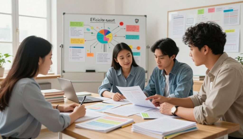 A well-organized study space, featuring a large wooden desk cluttered with high-impact study materials, such as textbooks, colorful charts, and highlighted papers. In the foreground, a diverse group of three professional-looking individuals—two students and one mentor—are engaged in a focused discussion, pointing at a highlighted study guide. The middle ground showcases a vibrant whiteboard filled with mind maps and strategies for efficient studying. In the background, the room is softly lit with natural light streaming through a large window, creating a warm, encouraging atmosphere. The overall mood reflects concentration and determination, emphasizing the theme of optimizing study results through effective material selection. The image captures the essence of collaboration in a productive learning environment. A well-organized study space, featuring a large wooden desk cluttered with high-impact study materials, such as textbooks, colorful charts, and highlighted papers. In the foreground, a diverse group of three professional-looking individuals—two students and one mentor—are engaged in a focused discussion, pointing at a highlighted study guide. The middle ground showcases a vibrant whiteboard filled with mind maps and strategies for efficient studying. In the background, the room is softly lit with natural light streaming through a large window, creating a warm, encouraging atmosphere. The overall mood reflects concentration and determination, emphasizing the theme of optimizing study results through effective material selection. The image captures the essence of collaboration in a productive learning environment.
