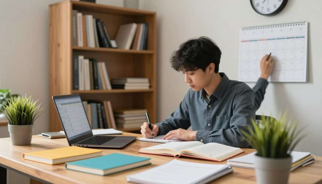 A well-organized study space featuring a large wooden desk in the foreground, cluttered with colorful notebooks, a laptop with progress-tracking software displayed, and a potted plant for a touch of nature. In the middle ground, a focused student in professional casual attire is seen writing notes diligently and glancing at a calendar on the wall that tracks their study milestones. The background displays a cozy bookshelf filled with educational materials, inspirational quotes, and a wall clock indicating time management. Soft, warm lighting creates an inviting atmosphere, while a slight depth of field draws attention to the student and their progress. The overall mood is productive and motivating, emphasizing the theme of studying smarter through organization and reflection. A well-organized study space featuring a large wooden desk in the foreground, cluttered with colorful notebooks, a laptop with progress-tracking software displayed, and a potted plant for a touch of nature. In the middle ground, a focused student in professional casual attire is seen writing notes diligently and glancing at a calendar on the wall that tracks their study milestones. The background displays a cozy bookshelf filled with educational materials, inspirational quotes, and a wall clock indicating time management. Soft, warm lighting creates an inviting atmosphere, while a slight depth of field draws attention to the student and their progress. The overall mood is productive and motivating, emphasizing the theme of studying smarter through organization and reflection.