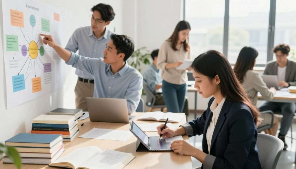 A well-organized workspace featuring diverse individuals engaged in collaborative learning activities. In the foreground, a focused young woman, dressed in professional business attire, takes notes on a digital tablet. To her left, a middle-aged man in a smart casual shirt is discussing ideas with another colleague, pointing at a colorful mind map on a wall. The middle ground showcases a large table cluttered with learning materials: books, notebooks, and laptops, symbolizing various retention strategies. In the background, bright natural light streams through large windows, creating an open and inviting atmosphere. The soft lighting casts gentle shadows, enhancing the intellectual ambiance of teamwork and innovation. The overall mood is energetic and dynamic, reflecting the excitement of advanced learning techniques. A well-organized workspace featuring diverse individuals engaged in collaborative learning activities. In the foreground, a focused young woman, dressed in professional business attire, takes notes on a digital tablet. To her left, a middle-aged man in a smart casual shirt is discussing ideas with another colleague, pointing at a colorful mind map on a wall. The middle ground showcases a large table cluttered with learning materials: books, notebooks, and laptops, symbolizing various retention strategies. In the background, bright natural light streams through large windows, creating an open and inviting atmosphere. The soft lighting casts gentle shadows, enhancing the intellectual ambiance of teamwork and innovation. The overall mood is energetic and dynamic, reflecting the excitement of advanced learning techniques.
