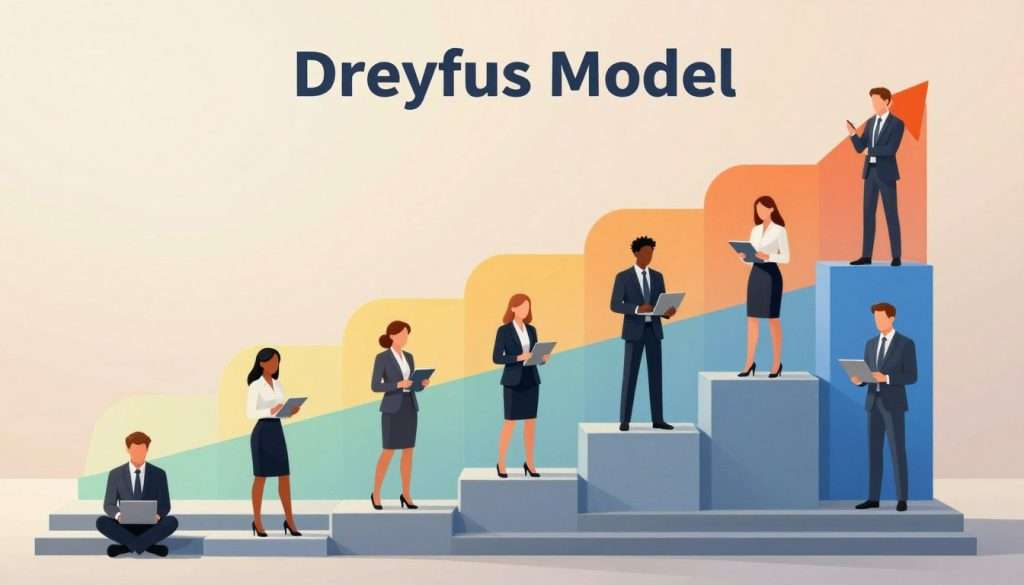 A well-structured illustration representing the stages of skill development, inspired by the Dreyfus Model. In the foreground, display a diverse group of individuals in professional business attire, each positioned at different levels on a visually distinct staircase, symbolizing progression. Each person should be engaged in activities related to their skill level, demonstrating increasing expertise and confidence. The middle layer showcases a gradient backdrop with abstract shapes that transition from basic to advanced, conveying growth. In the background, use soft, warm lighting to create a supportive and encouraging atmosphere, emphasizing the journey of mastering skills. Ensure the image is balanced and harmonious, capturing a sense of achievement and motivation throughout the progression stages. A well-structured illustration representing the stages of skill development, inspired by the Dreyfus Model. In the foreground, display a diverse group of individuals in professional business attire, each positioned at different levels on a visually distinct staircase, symbolizing progression. Each person should be engaged in activities related to their skill level, demonstrating increasing expertise and confidence. The middle layer showcases a gradient backdrop with abstract shapes that transition from basic to advanced, conveying growth. In the background, use soft, warm lighting to create a supportive and encouraging atmosphere, emphasizing the journey of mastering skills. Ensure the image is balanced and harmonious, capturing a sense of achievement and motivation throughout the progression stages.