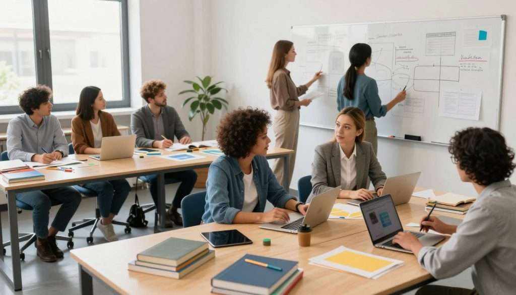 An active learning environment set in a bright, modern classroom. In the foreground, a diverse group of adult learners is engaged in collaborative projects, discussing ideas and sharing resources, dressed in professional business attire. In the middle ground, a whiteboard filled with diagrams and notes captures dynamic interaction, while various hands-on learning materials like books, tablets, and art supplies are spread across the tables. The background features large windows allowing natural light to flood in, creating an inviting atmosphere. The mood is energetic and inspiring, emphasizing a culture of learning by doing, with warm lighting enhancing the inviting feel. The viewpoint is slightly elevated, showcasing the depth of the activity and the engaged expressions of the learners. An active learning environment set in a bright, modern classroom. In the foreground, a diverse group of adult learners is engaged in collaborative projects, discussing ideas and sharing resources, dressed in professional business attire. In the middle ground, a whiteboard filled with diagrams and notes captures dynamic interaction, while various hands-on learning materials like books, tablets, and art supplies are spread across the tables. The background features large windows allowing natural light to flood in, creating an inviting atmosphere. The mood is energetic and inspiring, emphasizing a culture of learning by doing, with warm lighting enhancing the inviting feel. The viewpoint is slightly elevated, showcasing the depth of the activity and the engaged expressions of the learners.