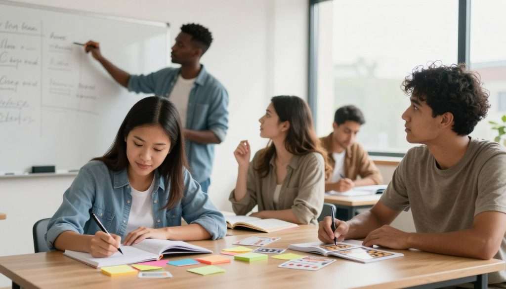 An engaging study scene illustrating the active recall technique, featuring a diverse group of four individuals in a modern, well-lit study room. In the foreground, a woman of Asian descent takes notes energetically, surrounded by open textbooks and colorful sticky notes. In the middle ground, a man of Black descent uses a whiteboard to explain concepts, while a woman of Caucasian descent interacts attentively, reflecting engagement. A young man of Hispanic descent is seated at a table with flashcards, actively quizzing himself. The background shows a large window with natural light streaming in, casting soft shadows that create a warm, inviting atmosphere. The focus should be on the expressions of concentration and collaboration, embodying the essence of active learning. The overall mood is dynamic and motivational, highlighting an effective study environment.