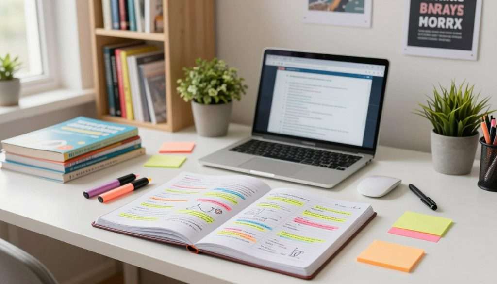An organized study desk in a bright, airy room, showcasing various effective note-taking strategies. In the foreground, an open notebook filled with colorful, neatly written notes and diagrams, along with highlighters and sticky notes scattered around. In the middle, a laptop displaying educational materials, and a potted plant adding a touch of life. The background features a bookshelf filled with study guides and textbooks, along with motivational posters on the walls. Soft, natural light filters through a nearby window, creating a warm and inviting atmosphere. The overall mood is productive and inspiring, emphasizing a personalized note-taking system for enhanced learning efficiency.