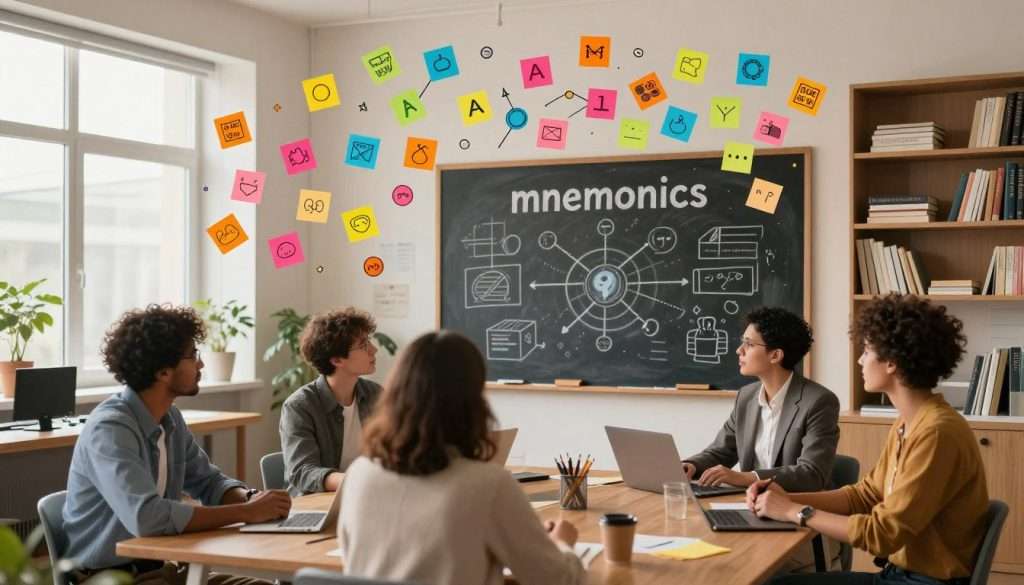 Create an intricate and imaginative visual representation of the concept of mnemonics. In the foreground, depict a diverse group of professionals—two men and a woman—dressed in smart casual attire, engaged in brainstorming and creating visual memory aids. They are surrounded by colorful, whimsical symbols like vibrant sticky notes, interconnected icons, and colorful acronyms floating above them. In the middle ground, include a large chalkboard or whiteboard filled with drawings and diagrams, illustrating complex mnemonic techniques. The background should feature a cozy, modern workspace with warm lighting, large windows letting in soft daylight, and bookshelves filled with language learning materials. Capture a sense of creativity and collaborative energy, evoking a lively atmosphere conducive to learning and memory enhancement.