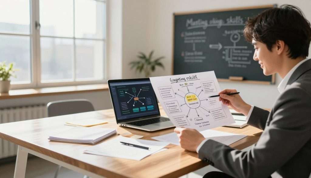 A bright, airy office environment with natural light streaming through large windows, casting soft shadows on a sleek wooden desk. In the foreground, a focused individual in professional business attire, with a pleasant expression, is reviewing a mind map filled with positive affirmations and motivational phrases. In the middle, the desk is cluttered with various notes and a laptop, where a digital visualization of cognitive reframing processes, such as shifting perspectives and embracing challenges, can be seen on the screen. In the background, a chalkboard displays diagrams illustrating the concept of mastering skills through reframing negative thoughts into positive actions. The atmosphere is inspiring and uplifting, encouraging creativity and transformation in a professional setting. A wide-angle lens captures the scene, emphasizing depth and clarity, with bright, warm lighting enhancing the mood.