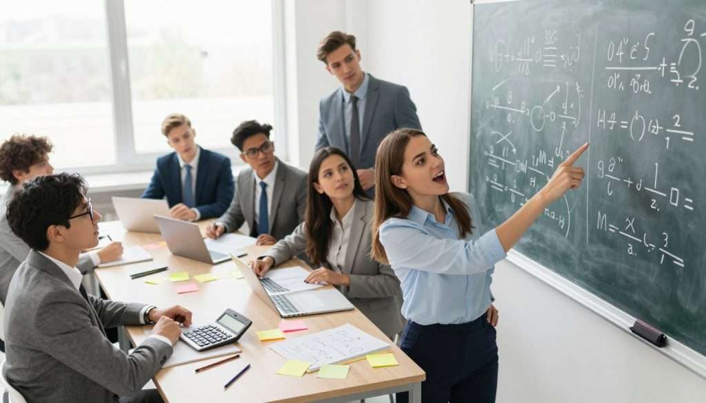 A bright and engaging classroom setting, featuring a diverse group of students in professional business attire, deeply focused on solving math problems. In the foreground, a female student is animatedly pointing at a chalkboard filled with colorful mathematical patterns and diagrams, expressing excitement in her discovery. The middle ground features tables scattered with math tools like calculators, notebooks, and colorful sticky notes highlighting key concepts. In the background, a large window allows natural light to flood the room, creating a warm atmosphere filled with enthusiasm and collaboration. The camera angle captures the energy of the scene from a slightly elevated position, emphasizing the sense of teamwork and problem-solving. The overall mood is inspiring, encouraging viewers to engage with math in a playful, insightful way. A bright and engaging classroom setting, featuring a diverse group of students in professional business attire, deeply focused on solving math problems. In the foreground, a female student is animatedly pointing at a chalkboard filled with colorful mathematical patterns and diagrams, expressing excitement in her discovery. The middle ground features tables scattered with math tools like calculators, notebooks, and colorful sticky notes highlighting key concepts. In the background, a large window allows natural light to flood the room, creating a warm atmosphere filled with enthusiasm and collaboration. The camera angle captures the energy of the scene from a slightly elevated position, emphasizing the sense of teamwork and problem-solving. The overall mood is inspiring, encouraging viewers to engage with math in a playful, insightful way.