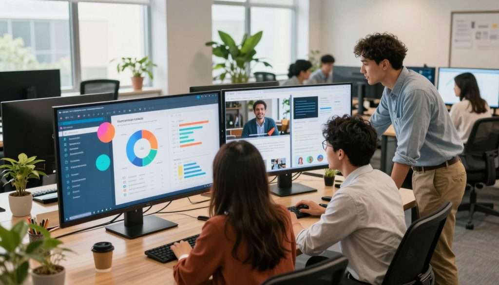 A bright and engaging workspace showcasing interactive content for active learning. In the foreground, a diverse group of three professionals in smart casual attire, intensely focused on a large digital screen displaying a colorful and animated learning interface. The middle layer features a variety of interactive elements, like charts, quizzes, and videos, seamlessly integrated into the design. In the background, a modern office environment adorned with plants and large windows allowing natural light to flood the space, enhancing the atmosphere of collaboration and creativity. The lighting is warm and inviting, emphasizing the dynamic interaction between the learners and the technology. Capture this scene from a slightly elevated angle to emphasize the interaction and engagement among the participants.