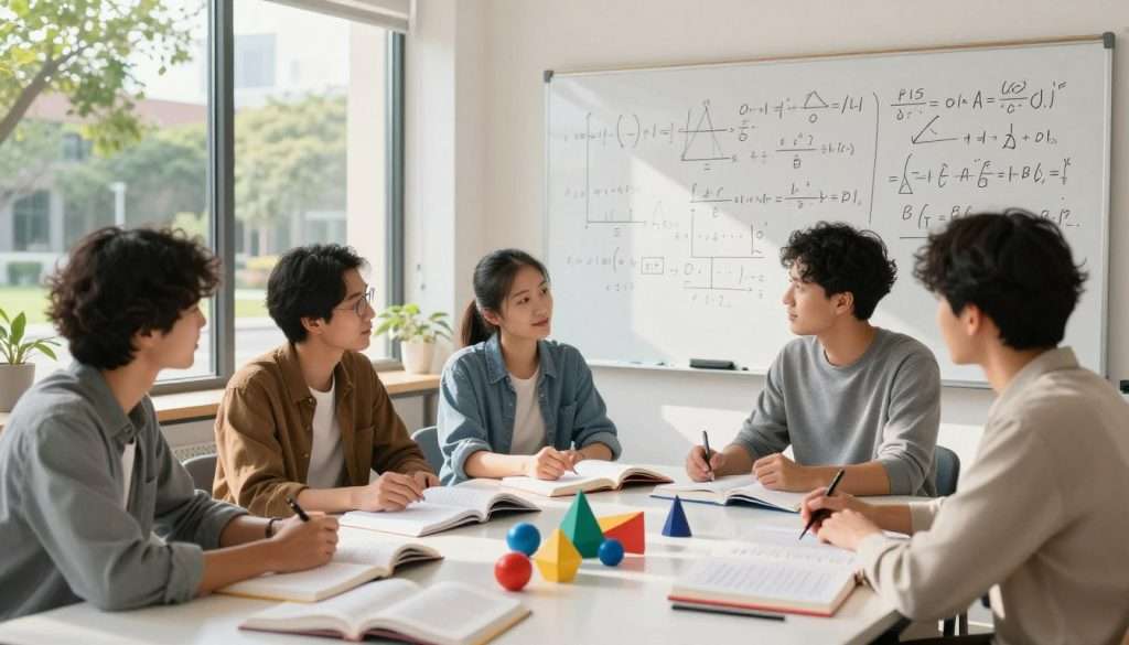 A bright and inspiring workspace dedicated to mathematical problem-solving. In the foreground, a diverse group of three individuals—two men and one woman—are engaged in an animated discussion among a collection of open textbooks, notebooks filled with equations, and colorful geometric models. The middle ground shows a large whiteboard filled with complex mathematical diagrams and solutions, highlighting creativity in problem-solving. The background features a sunny window with a view of a serene campus, cascading natural light into the room, casting gentle shadows. The atmosphere is vibrant and collaborative, emphasizing the joy and creativity found in mathematics. Use a soft-focus lens to enhance warmth and an inviting feel.