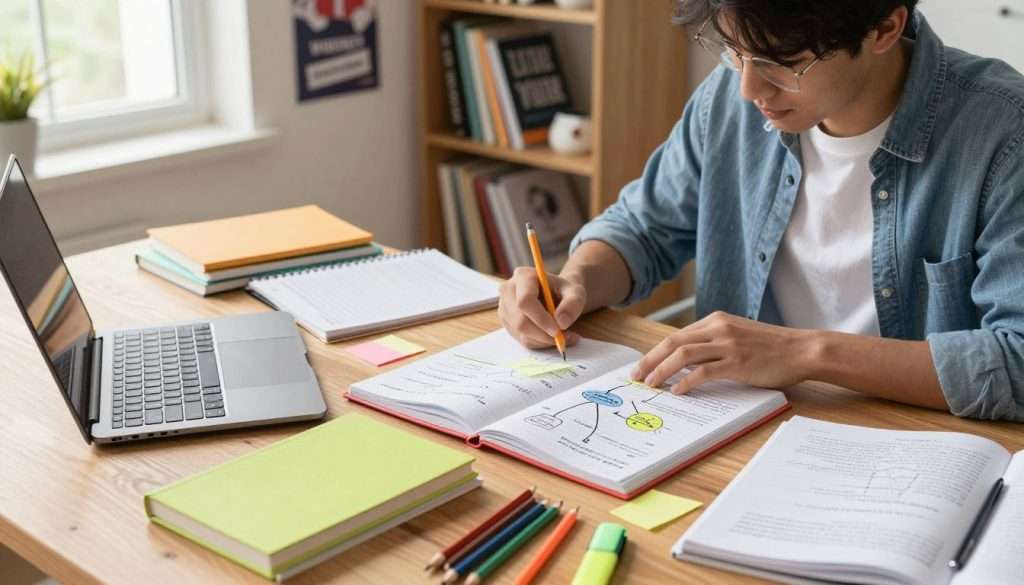 A bright and organized study space showcasing various note-taking methods in action. In the foreground, a well-dressed student, focused and engaged, sits at a wooden desk covered with colorful notebooks, sticky notes, and a laptop, demonstrating the Cornell method and mind mapping. In the middle, an open notebook prominently features neatly written bullet points and diagrams. Pencils and highlighters are scattered around, adding vibrancy. In the background, a bookshelf filled with academic texts and motivational posters adorns the wall, bathed in warm, natural light filtering through a window, creating an inviting learning atmosphere. The overall mood is productive and inspiring, perfect for academic success.