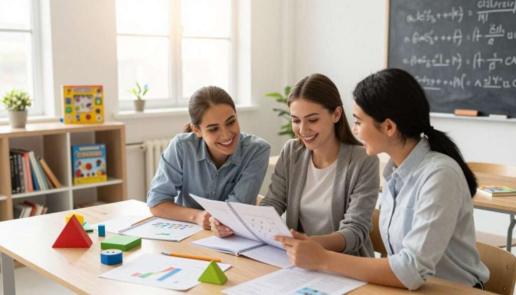 A bright, inviting classroom filled with various math tools and resources: colorful graphs, geometric shapes, and chalkboards covered in equations. In the foreground, a diverse group of three individuals—two women and one man—are collaborating enthusiastically over a large math workbook, dressed in professional casual attire. Their expressions showcase excitement and determination, symbolizing a positive embrace of learning. In the middle, a large window allows warm sunlight to stream in, creating a lively and serene atmosphere that encourages exploration and understanding. In the background, shelves filled with books and interactive math games complete the scene. The composition is shot from a slightly elevated angle, emphasizing the teamwork and joy of learning math together. The overall mood is uplifting, inspiring confidence and curiosity in the subject.