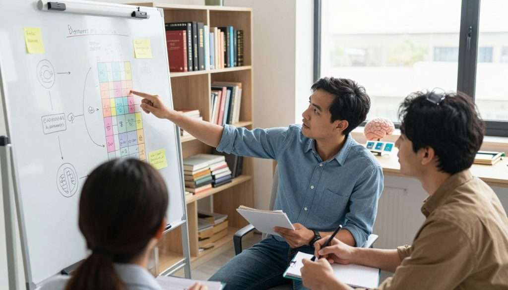 A bright, modern office setting in the foreground features a diverse group of three professionals, two men and one woman, engaged in a lively discussion around a whiteboard filled with colorful diagrams and memory techniques. One individual points to a mnemonic chart, while others take notes. In the middle ground, shelves filled with books on cognitive science and psychology create an intellectual atmosphere. Soft, natural light filters through large windows, creating a warm, inviting mood. In the background, a brain-shaped model and various memory tools like flashcards are subtly placed on a table, enhancing the theme of memory enhancement. The composition conveys collaboration and innovation, shot from a slightly elevated angle to capture the dynamic interaction of the group.
