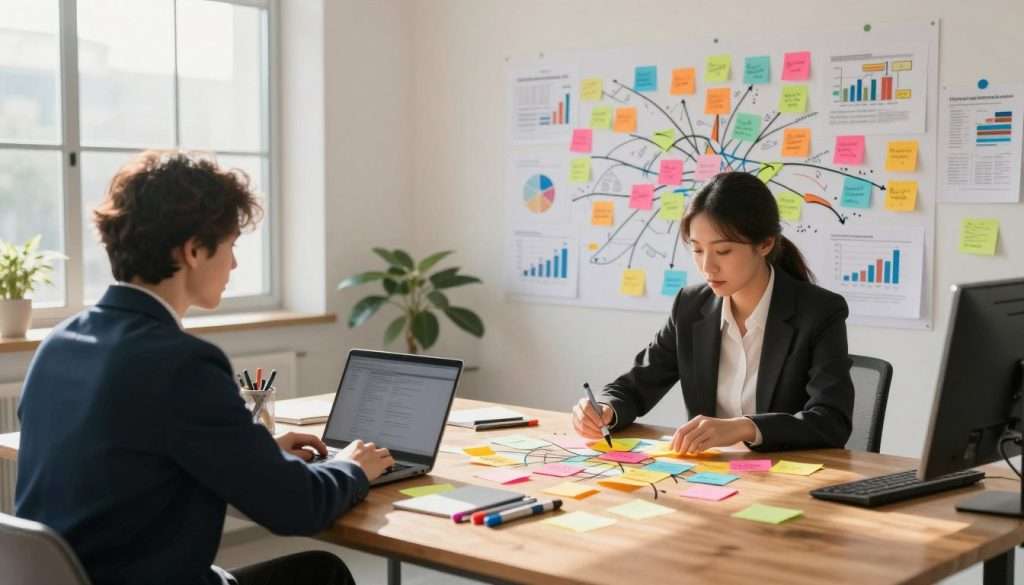 A brightly lit modern office space serves as the backdrop, showcasing a large wooden table covered in colorful sticky notes and markers, each representing different ideas in a vibrant mind map. In the foreground, a professional individual dressed in smart business attire focuses intently on arranging the notes, with a laptop open beside them. The middle ground features a wall filled with diagrams and charts, promoting a sense of organized chaos. Soft sunlight streams through a large window, casting a warm glow across the scene. The atmosphere is one of productivity and creativity, emphasizing structured learning strategies for effective information management. The image captures a moment of inspiration and collaboration, with a clear focus on dynamic mind mapping techniques. A brightly lit modern office space serves as the backdrop, showcasing a large wooden table covered in colorful sticky notes and markers, each representing different ideas in a vibrant mind map. In the foreground, a professional individual dressed in smart business attire focuses intently on arranging the notes, with a laptop open beside them. The middle ground features a wall filled with diagrams and charts, promoting a sense of organized chaos. Soft sunlight streams through a large window, casting a warm glow across the scene. The atmosphere is one of productivity and creativity, emphasizing structured learning strategies for effective information management. The image captures a moment of inspiration and collaboration, with a clear focus on dynamic mind mapping techniques.