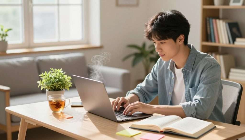 A busy student studying at a stylish, well-organized desk in a cozy, sunlit room. In the foreground, the student is a young individual, dressed in casual yet professional clothing, deeply focused on their laptop with open textbooks and colorful sticky notes scattered around. In the middle, a small potted plant adds a touch of vibrancy beside a steaming cup of herbal tea, symbolizing relaxation. The background features a comfy chair and shelves lined with books, creating a warm and inviting atmosphere. The soft, natural light streaming through a bright window enhances the mood of productivity and well-being, while gentle shadows create depth. Aim for a bright, inspiring ambiance that reflects effective study habits and stress management.