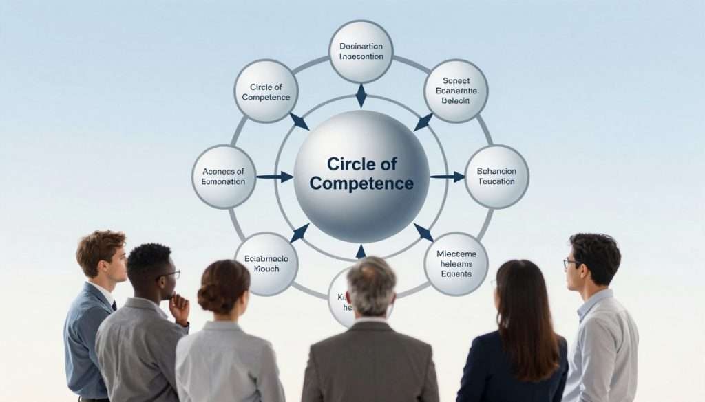 A circular diagram illustrating the concept of "Circle of Competence," featuring a central sphere labeled with various skills and areas of expertise. In the foreground, a diverse group of professionals in business attire thoughtfully discuss and analyze the diagram, showcasing collaboration. The middle layer should include dynamic arrows and lines connecting the central sphere to smaller circles representing adjacent fields of knowledge, symbolizing the expansion of competence. The background should be a subtle gradient transitioning from light blue to white, creating an open and calm atmosphere. Soft, natural lighting from a diffuse source creates a professional yet inviting mood, with the camera angle slightly above eye level, focusing on the interaction and diagram.