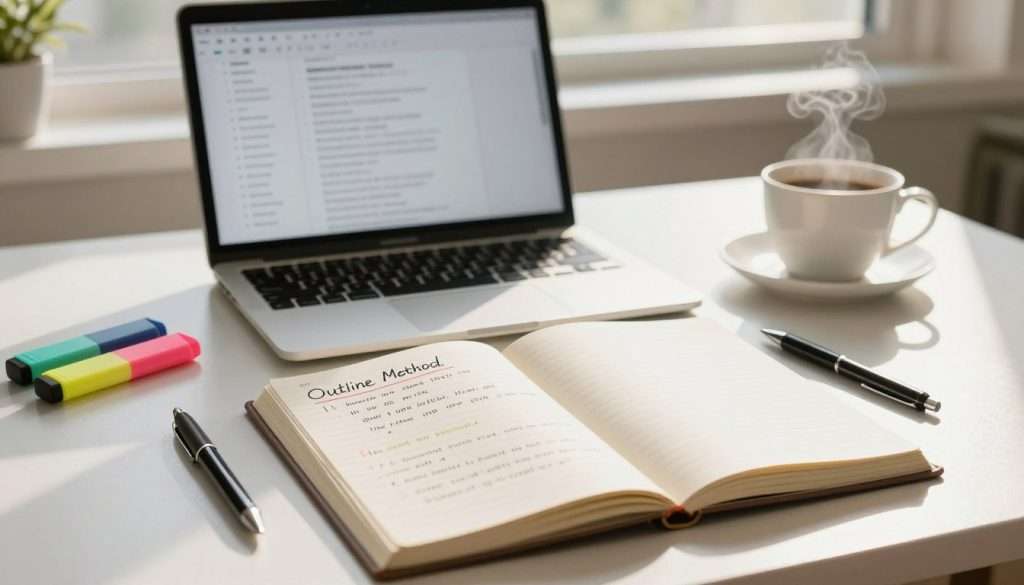 A clean and organized workspace showcasing effective note-taking strategies. In the foreground, a neatly arranged notebook open to a page illustrating the Outline Method, with clearly delineated sections and headings. Beside it, a high-quality pen and colorful highlighters add a touch of vibrancy. The middle ground features a laptop displaying a digital outline, and a cup of coffee emits gentle steam, suggesting focus and productivity. In the background, soft natural light streams in through a window, casting a warm, inviting glow across the scene. The overall atmosphere is one of structured learning and concentration, embodying a professional yet relaxed study environment.