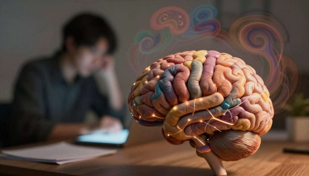 A close-up view of a human brain, intricately detailed, positioned in the foreground. The brain is depicted with vibrant colors highlighting areas associated with negative and positive experiences, showcasing neural pathways glowing faintly. In the middle ground, there’s a blurred silhouette of a person sitting at a desk, surrounded by scattered notes and a digital tablet, emphasizing the contrast between memories that linger and the fleeting nature of mundane tasks. The background features an abstract representation of swirling thoughts and mixed emotions, rendered in soft, muted colors to evoke a sense of complexity. The lighting is warm and ethereal, casting gentle shadows and creating a contemplative atmosphere. The image captures the weight of negative experiences while illustrating the fleeting nature of cognitive retention.