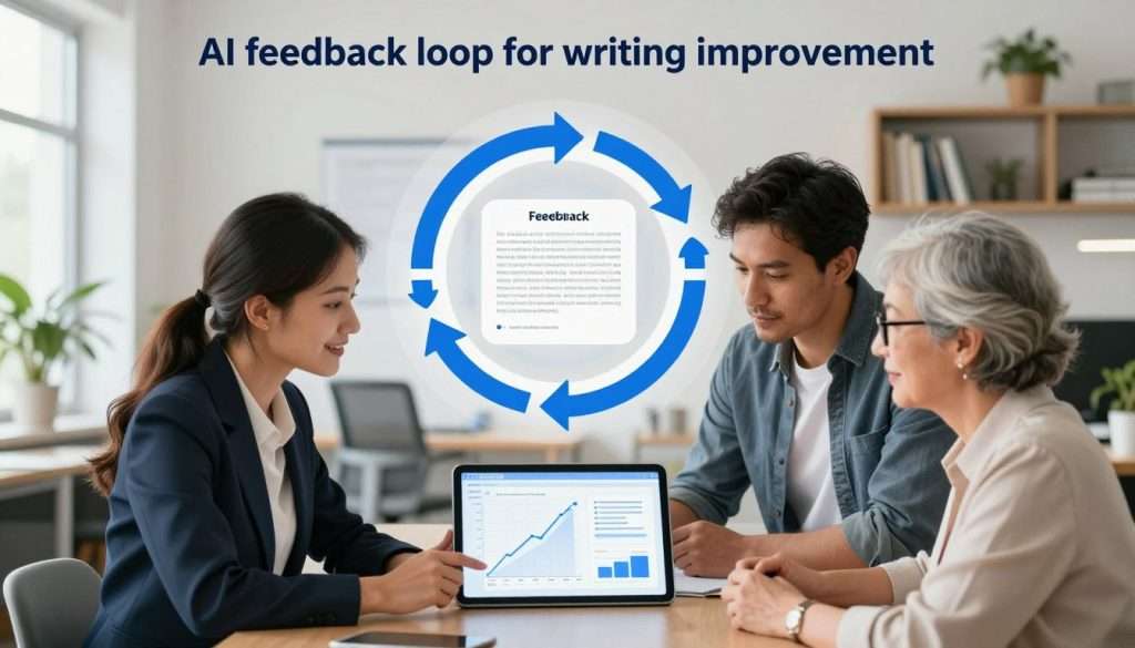 A conceptual illustration depicting an "AI feedback loop for writing improvement". In the foreground, a diverse group of three professionals, a young woman in a business suit, a middle-aged man in smart casual attire, and an older woman with glasses, are gathered around a digital tablet displaying dynamic graphs and text revisions. The middle layer features an intricate circular diagram symbolizing the feedback loop, with arrows indicating progress and improvement in writing. The background showcases a modern, well-lit office space filled with bookshelves and plants, enhancing productivity. The lighting is bright and inviting, creating a motivating atmosphere. The overall mood should convey collaboration, innovation, and the transformative power of AI in enhancing writing skills.