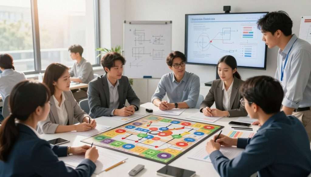 A conceptual scene illustrating the optimization of learning through game theory, set in a modern, well-lit collaborative workspace. In the foreground, a diverse group of professionals, dressed in business attire, actively engages around a large table filled with strategic board games and graphs symbolizing sequential game strategies. The middle ground features whiteboards and digital screens displaying mathematical models and diagrams related to learning optimization. In the background, large windows allow sunlight to flood in, creating an inviting atmosphere. The overall mood is focused yet collaborative, with an emphasis on strategy and innovation. The angle is slightly elevated to capture the interaction among participants while showcasing the detailed learning tools scattered on the table and walls.