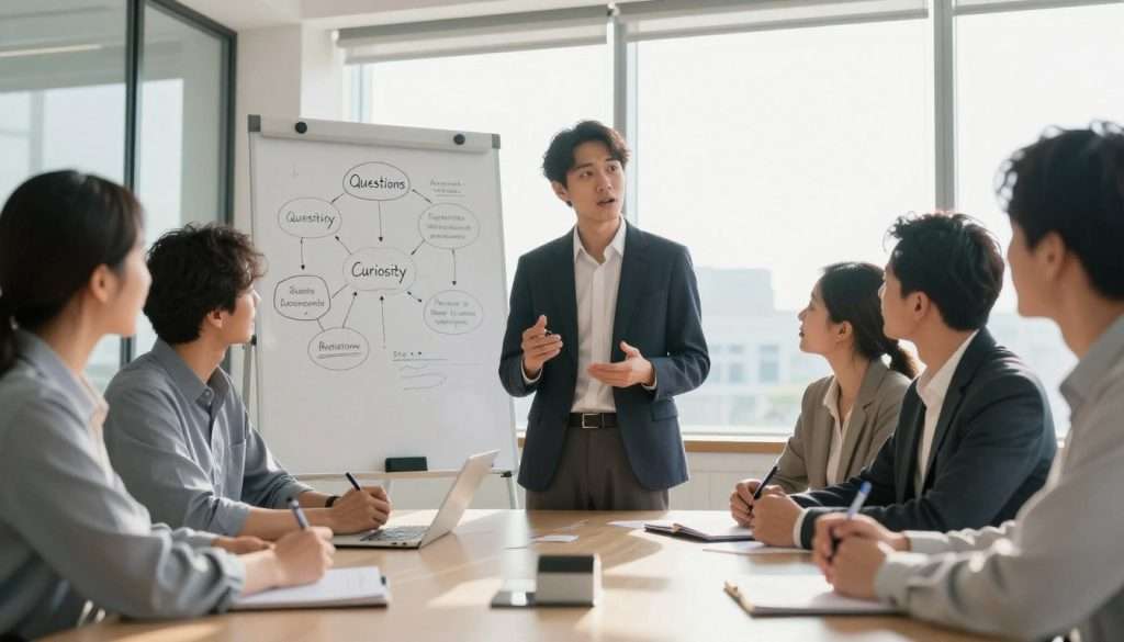 A confident individual in professional attire stands at the forefront, engaged in a lively discussion with a diverse group of people in a modern office setting. Their expressions convey curiosity and openness, with some holding notepads and pens, ready to jot down insights. In the middle ground, a large whiteboard displays mind maps and key phrases like "Questions" and "Curiosity," symbolizing the art of questioning. The background shows a panoramic window, allowing natural light to flood the room, creating an inviting atmosphere. Soft sunlight glints off polished surfaces, enhancing the sense of enlightenment and openness. The overall mood is empowering and stimulating, showcasing the transformation from hesitation to confidence in asking questions. A confident individual in professional attire stands at the forefront, engaged in a lively discussion with a diverse group of people in a modern office setting. Their expressions convey curiosity and openness, with some holding notepads and pens, ready to jot down insights. In the middle ground, a large whiteboard displays mind maps and key phrases like "Questions" and "Curiosity," symbolizing the art of questioning. The background shows a panoramic window, allowing natural light to flood the room, creating an inviting atmosphere. Soft sunlight glints off polished surfaces, enhancing the sense of enlightenment and openness. The overall mood is empowering and stimulating, showcasing the transformation from hesitation to confidence in asking questions.
