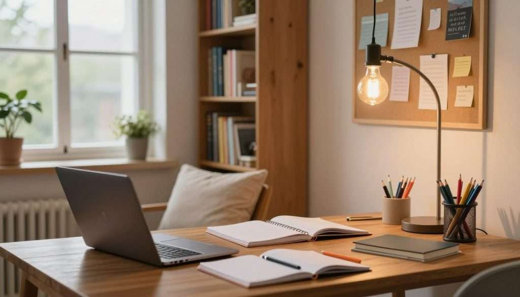 A cozy and well-organized study environment that optimizes learning. In the foreground, a wooden desk featuring an open laptop, neatly arranged notebooks, and colorful stationery. A light-bulb pendant lamp hangs above, casting warm, inviting light. In the middle ground, a comfortable chair filled with soft cushions and a small potted plant adds a touch of nature. A bookshelf filled with an array of books occupies one wall, while a bulletin board with pinned notes and inspirational quotes is prominently displayed. In the background, large windows let in natural light, showing a tranquil outdoor scene. The atmosphere is peaceful and focused, encouraging effective study habits and routines. The image captures a sense of motivation and productivity, ideal for enhancing the learning experience.