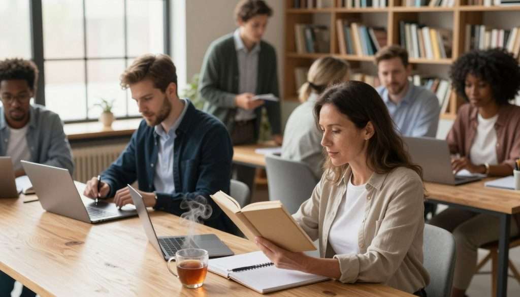 A cozy home office scene featuring a diverse group of adults engaged in various everyday learning activities. In the foreground, a middle-aged woman in smart casual attire is reading a book, surrounded by notebooks and a steaming cup of tea. In the middle, a young man in business attire is taking notes on a laptop, while a diverse group of adults discuss ideas enthusiastically nearby. In the background, a large window lets in warm, natural light, illuminating a bookshelf filled with educational resources. The atmosphere is inviting and productive, suggesting a blend of focus and enjoyment in learning. The angle is slightly elevated, capturing the room’s dynamic engagement while maintaining a comfortable, relaxed feel.