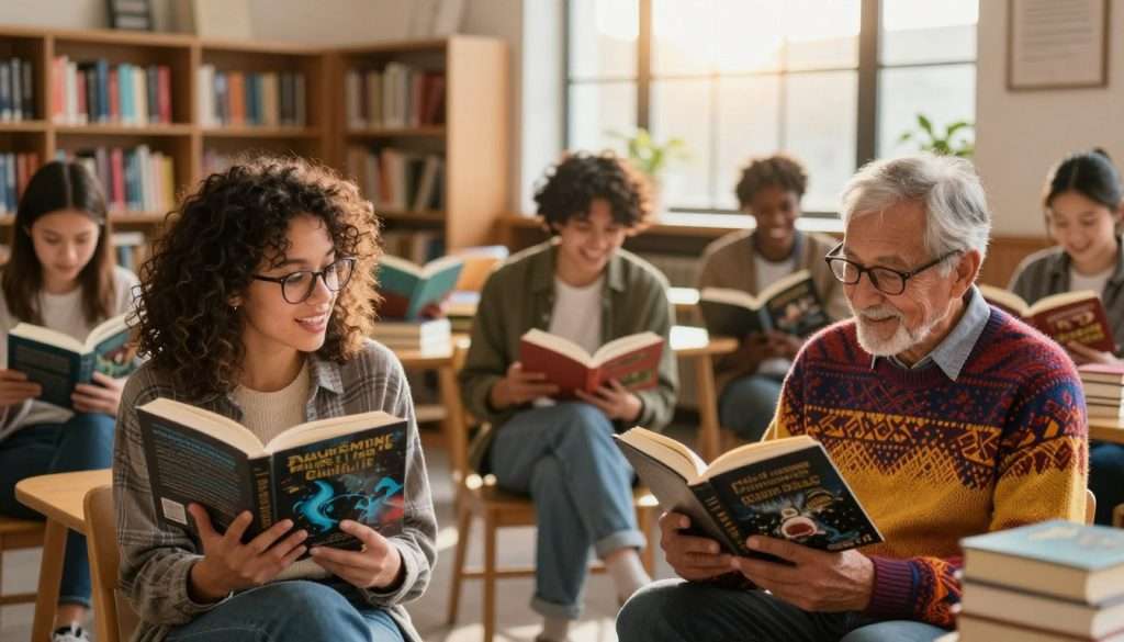 A cozy, inviting scene depicting a diverse group of people engaged in reading various genres of books in a warm, well-lit community library. In the foreground, a young woman with curly hair and glasses is animatedly discussing a sci-fi novel with an older man in a vibrant sweater. Nearby, a teenager absorbed in a graphic novel shares a laugh with a friend. In the middle ground, shelves filled with books of different colors and sizes create a sense of abundance. The background features large windows with soft, golden sunlight streaming in, illuminating the space and creating a welcoming atmosphere. The mood is lively and joyful, emphasizing the social aspect of reading and community engagement. A cozy, inviting scene depicting a diverse group of people engaged in reading various genres of books in a warm, well-lit community library. In the foreground, a young woman with curly hair and glasses is animatedly discussing a sci-fi novel with an older man in a vibrant sweater. Nearby, a teenager absorbed in a graphic novel shares a laugh with a friend. In the middle ground, shelves filled with books of different colors and sizes create a sense of abundance. The background features large windows with soft, golden sunlight streaming in, illuminating the space and creating a welcoming atmosphere. The mood is lively and joyful, emphasizing the social aspect of reading and community engagement.