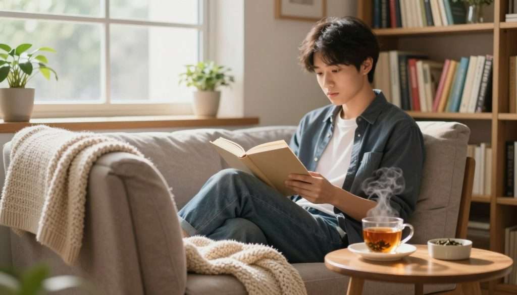 A cozy reading nook featuring a person engrossed in a small book, surrounded by an inviting atmosphere. In the foreground, place a plush armchair with a soft, knitted throw draped over it, along with a side table holding a steaming cup of herbal tea. The middle layer should include the reader, a young adult in smart casual attire, sitting comfortably with an expression of curiosity and engagement. In the background, soft light filters through a large window, casting warm tones across the room adorned with bookshelves filled with colorful books and houseplants peeking out. The overall mood is serene and encouraging, promoting the joy of small, frequent reading sessions as a part of daily life. Use natural lighting with a shallow depth of field to softly blur the background, focusing on the reader's concentration. A cozy reading nook featuring a person engrossed in a small book, surrounded by an inviting atmosphere. In the foreground, place a plush armchair with a soft, knitted throw draped over it, along with a side table holding a steaming cup of herbal tea. The middle layer should include the reader, a young adult in smart casual attire, sitting comfortably with an expression of curiosity and engagement. In the background, soft light filters through a large window, casting warm tones across the room adorned with bookshelves filled with colorful books and houseplants peeking out. The overall mood is serene and encouraging, promoting the joy of small, frequent reading sessions as a part of daily life. Use natural lighting with a shallow depth of field to softly blur the background, focusing on the reader's concentration.