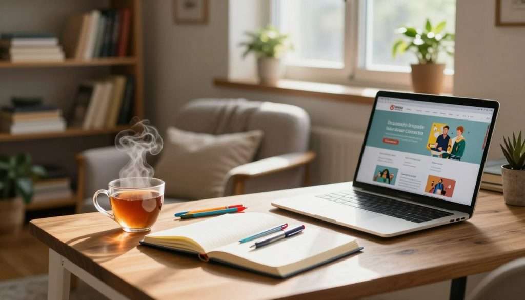 A cozy reading nook illustrating daily learning habits. In the foreground, a wooden desk with an open notebook, colorful pens, and a steaming cup of tea. A laptop is slightly ajar, showing a vibrant educational website. In the middle, a comfortable armchair with a plaid throw, surrounded by shelves filled with books and plants. A window in the background lets in soft, natural light, illuminating the space. A warm, inviting atmosphere with gentle sunlight casting soft shadows. Use a warm color palette to evoke a sense of tranquility and inspiration. The lens should capture a slight depth of field, focusing on the desk while blurring the background slightly for an intimate and inviting feel.