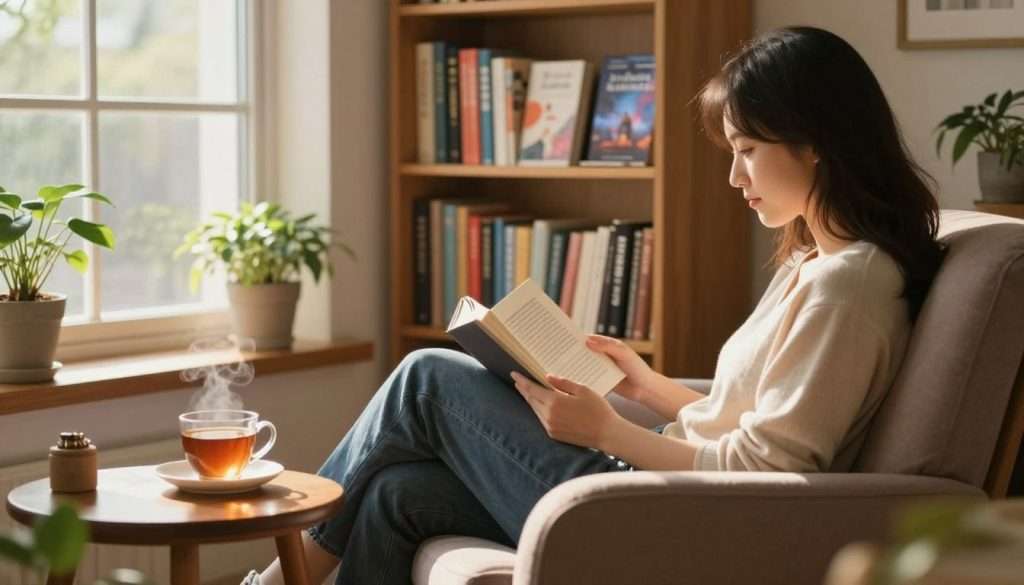 A cozy reading nook is captured, bathed in warm, soft afternoon light filtering through a large window, casting gentle shadows. In the foreground, a person sits comfortably on a plush armchair, engrossed in a book, dressed in modest casual clothing. A steaming cup of tea rests on a small wooden table nearby. The middle ground showcases a well-stocked bookshelf filled with diverse titles, some with vibrant covers that reflect various interests, such as fiction, self-help, and fantasy. In the background, a few potted plants add a touch of greenery, enhancing the tranquil atmosphere. The scene promotes a sense of calm and focus, evoking an inviting ambiance that encourages the love of reading. The overall mood is serene and inspiring, perfect for illustrating the joy of selecting books that resonate with personal interests. A cozy reading nook is captured, bathed in warm, soft afternoon light filtering through a large window, casting gentle shadows. In the foreground, a person sits comfortably on a plush armchair, engrossed in a book, dressed in modest casual clothing. A steaming cup of tea rests on a small wooden table nearby. The middle ground showcases a well-stocked bookshelf filled with diverse titles, some with vibrant covers that reflect various interests, such as fiction, self-help, and fantasy. In the background, a few potted plants add a touch of greenery, enhancing the tranquil atmosphere. The scene promotes a sense of calm and focus, evoking an inviting ambiance that encourages the love of reading. The overall mood is serene and inspiring, perfect for illustrating the joy of selecting books that resonate with personal interests.